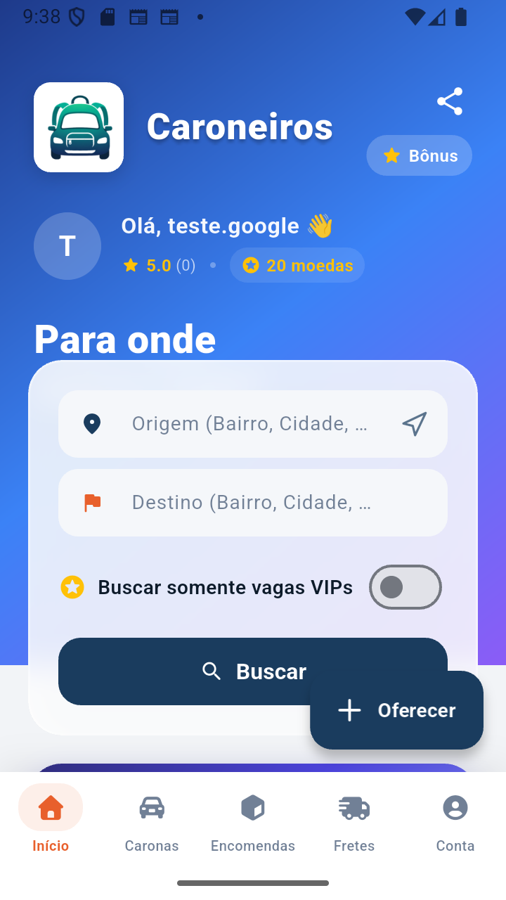 Tela de Busca de Caronas com filtro VIP
