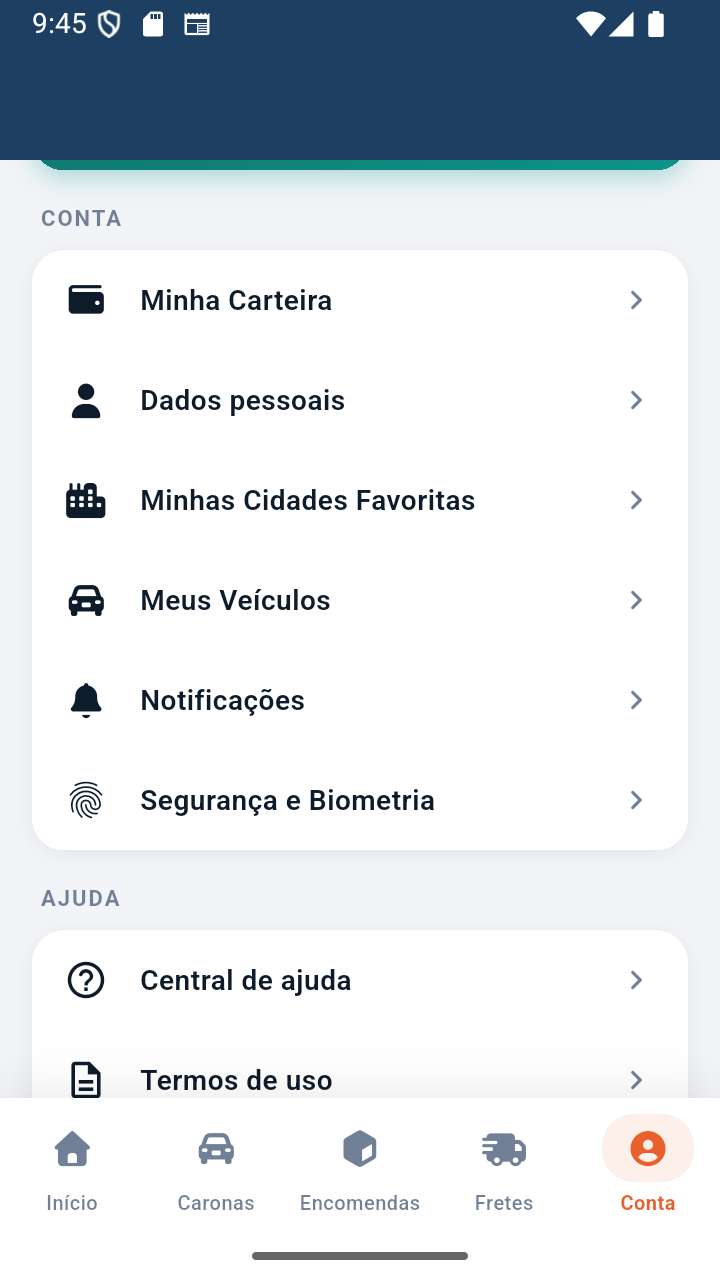 Tela de Conta com Carteira Digital e Biometria