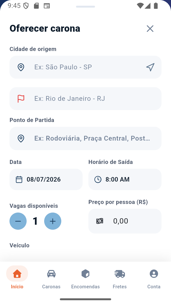 Tela de Oferecer Carona com definição de preços