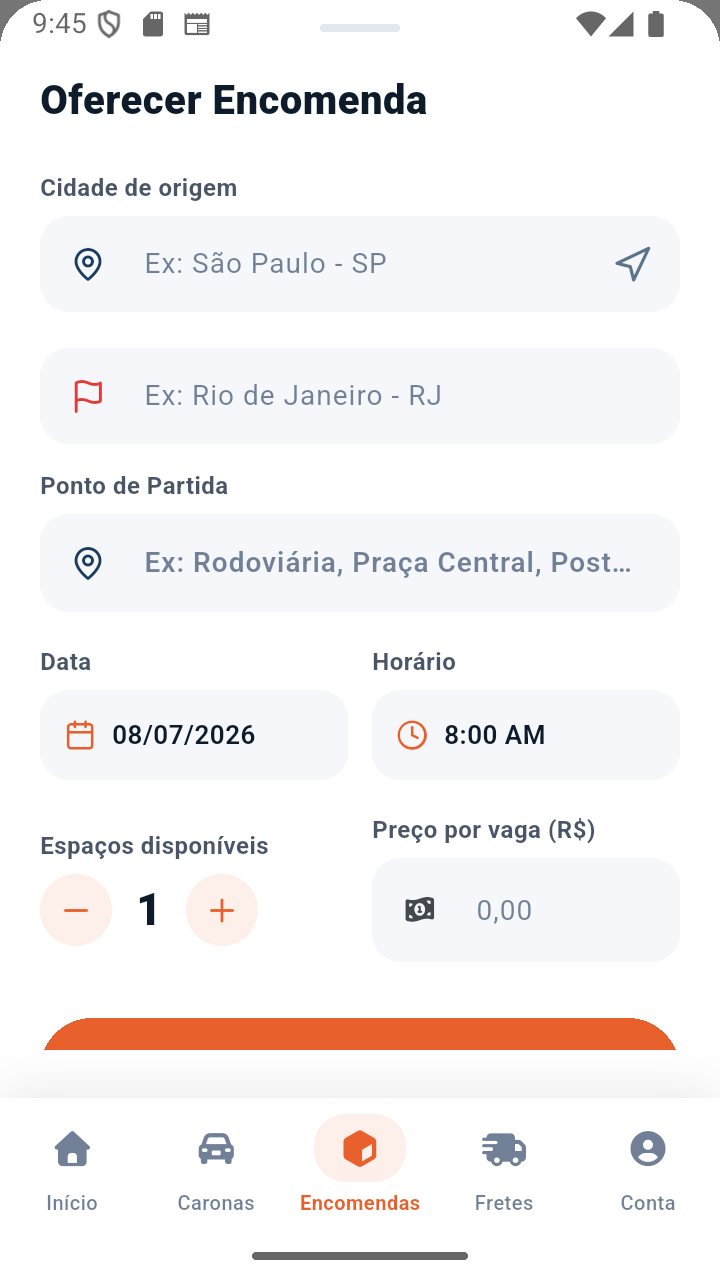 Tela de Oferecer Encomendas no MeLeva